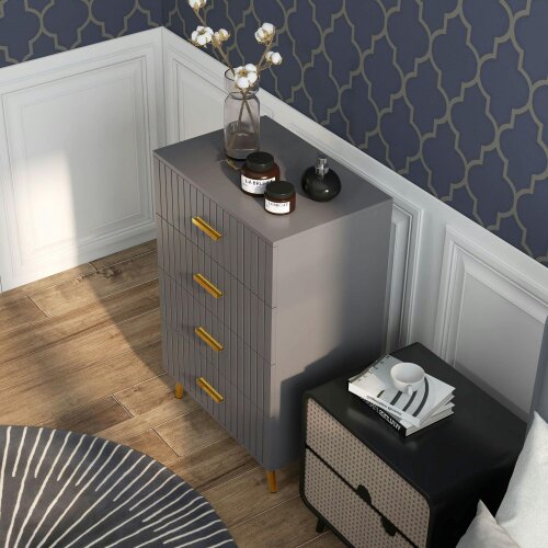 Wyld Haus Zine Wooden Grey And Gold Tone 4 Drawer Embossed Dresser