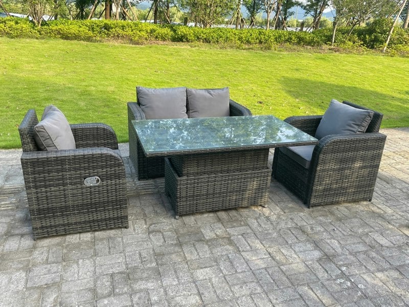 Fimous Dark Mixed Grey Rattan Outdoor Garden Furniture Lifting Adjustable Dining Or Coffee Table Sets Love Sofa Reclining Chairs 4 Seater