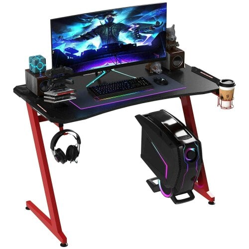 122 x 66 cm Gaming Desk, Carbon Fibre Covered Computer Desk, Gamer Workstation - Headphone Hook, Cup Holder & Gamepad Storage Rack