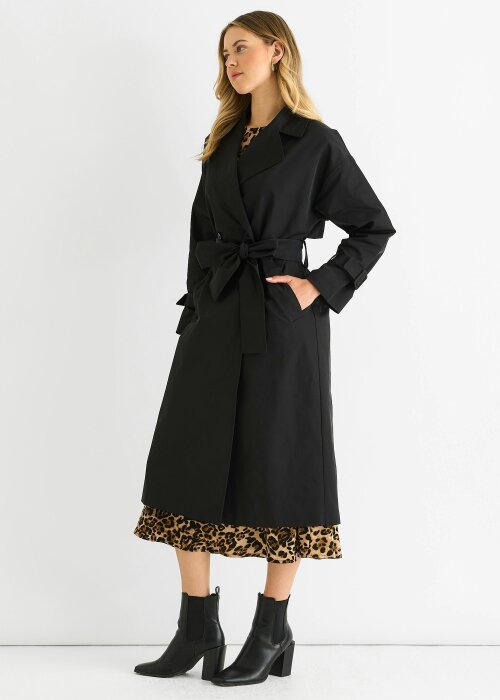 Gini London Black Double Breast Longline Belted Trench Coat