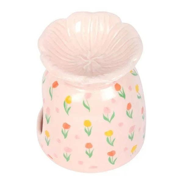 White tulip-print oil burner with scalloped lid and small tulip pattern, unlit