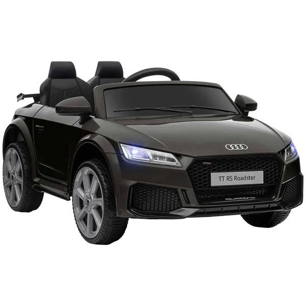 Kids black Audi TT RS ride-on car, front grille and glowing LED headlights