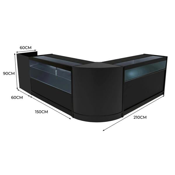Gravity LED Shop Counter Set in black, featuring sleek curved design, glass display sections, and precise dimensions for retail use
