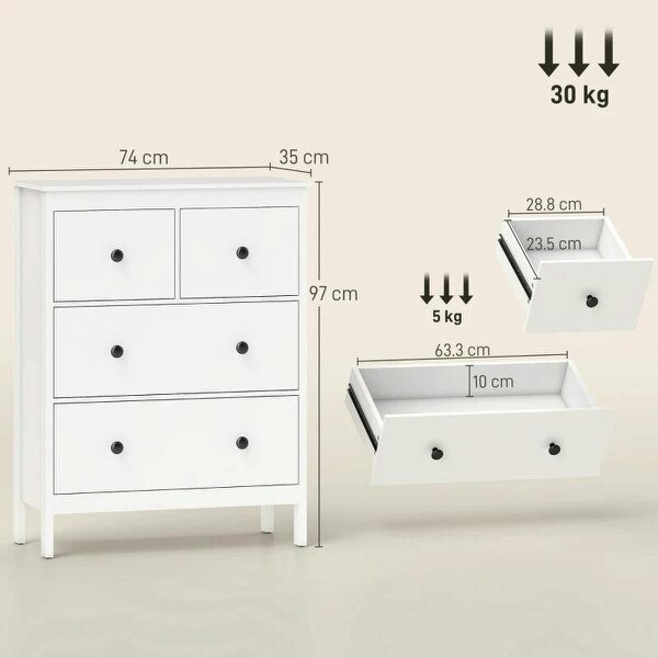 Modern Chest of Drawers, 4 Drawer Dresser Clothes Storage Organiser for Living Room, Hallway, Entryway, White