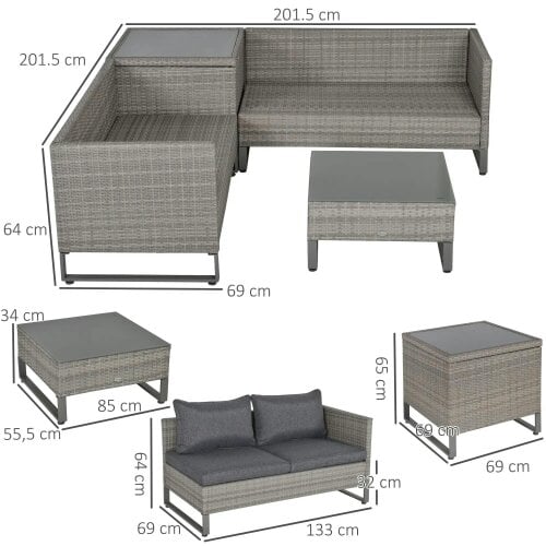 Bobobiy 4 Pieces Rattan Garden Set, 4 Seater Garden Sofa Set with Storage Box, Wicker Outdoor Conservatory Furniture with Cushions, Grey