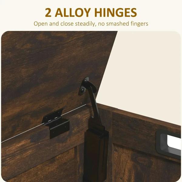 Close-up of alloy safety hinges on a rustic wooden storage chest lid, dark brown