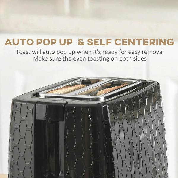 Black 2-slice toaster with auto pop-up and self-centering slots
