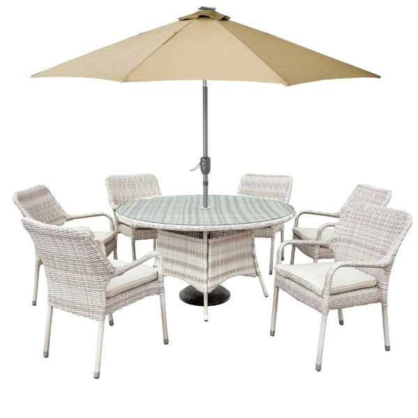 Oseasons Palmera Rattan Stacking 6 Seat Dining Set in Sandy White with 2.7m LED Parasol and Base