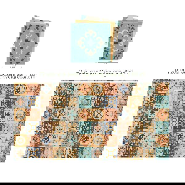 WT1561 - Jama Brown and Blue Moroccan Wall Tile Sticker Set - 15 cm x 15 cm - 24 pcs