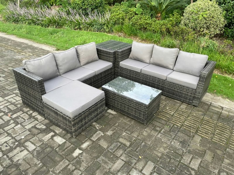 Fimous 7 Seater Rattan Garden Furniture Set Outdoor Patio Sofa Set with Oblong Coffee Table Side Table Big Footstool Dark Grey Mixed