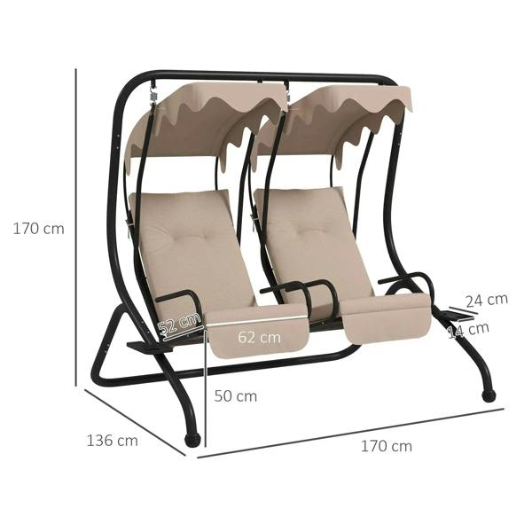 Beige two-seat garden swing chair with protective canopy, padded cushions and black metal stand.
