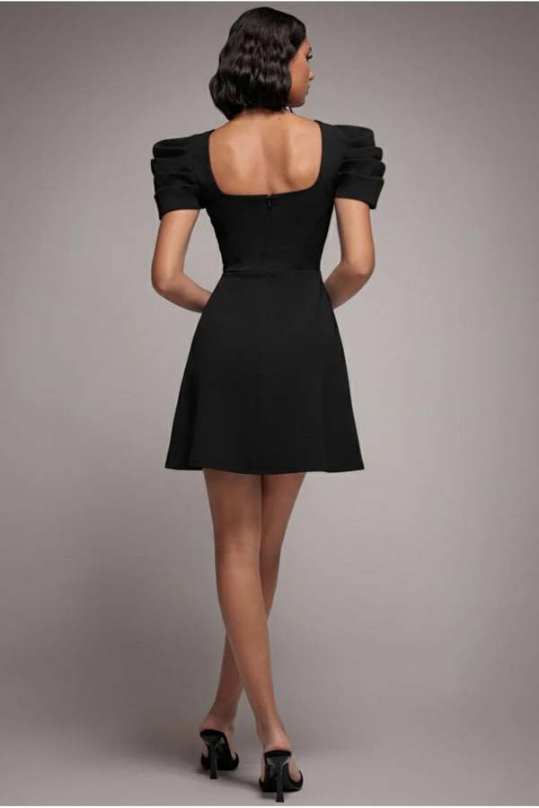 Plunging Neck Pleated Sleeve Scuba Mini Dress - Black DR4798