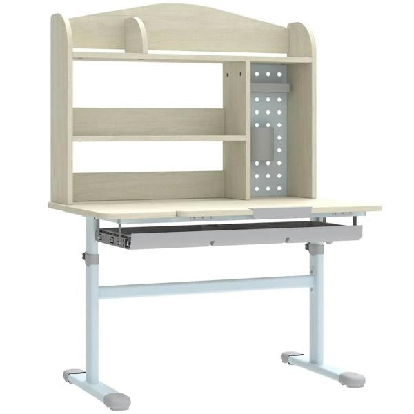 Kids adjustable height desk with tilt top and pegboard hutch, natural wood