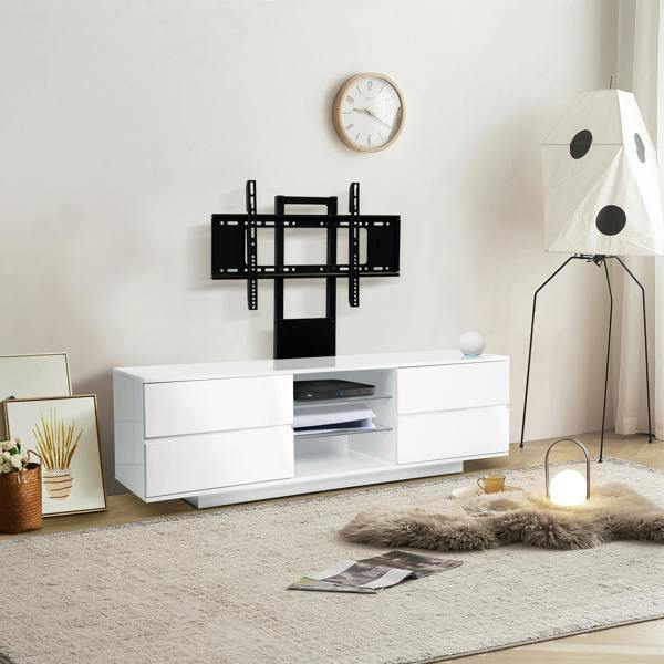 Homeology Avitus Gloss White with 4-White Drawers and 3-Shelves up to 65" LED, LCD, Plasma TV Stand with Mounting Arm