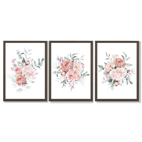 Pink Peonies Watercolour Floral Set of 3 Framed Art Prints with Dark Wood Frames