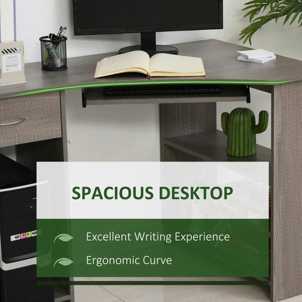 Grey computer desk with under-desk keyboard tray and two side compartments