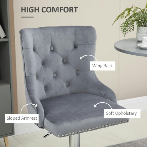Wyld Haus Recoco Velvet Grey Adjustable Swivel Bar Stools Set Of 2 With Tufted Back And Nailhead Detail
