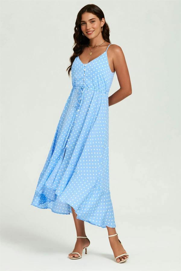 FS Collection Dot Print Button Down High Low Strappy Dress In Light Blue