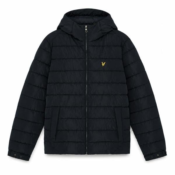 Dark navy Lyle & Scott quilted hooded jacket with a full zip front and signature yellow eagle logo on the chest.