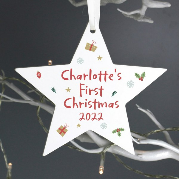 Personalised Memento Company Personalised First Christmas Wooden Star Decoration