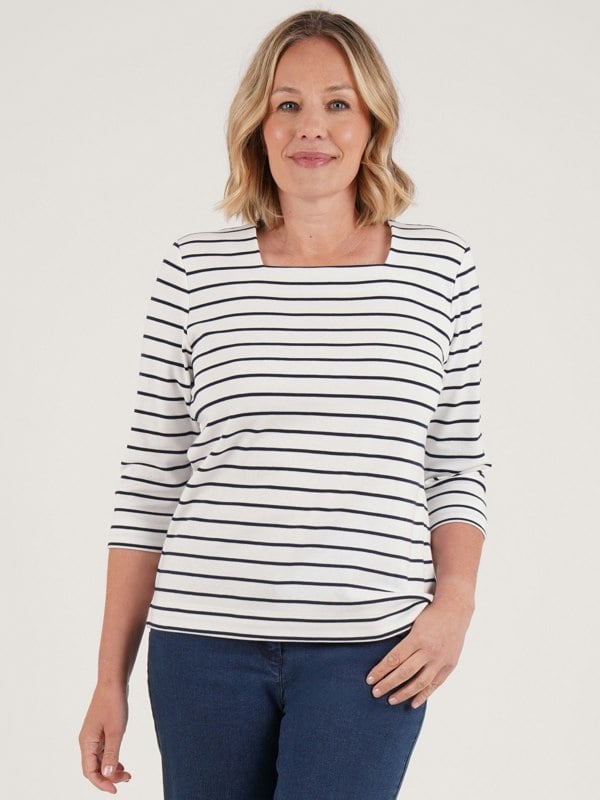 PennyPlain Stripe Square Neck Top- Ivory/french Navy