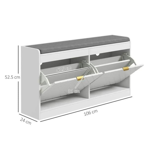 White shoe storage bench with open flip drawers and ventilated shoe compartments
