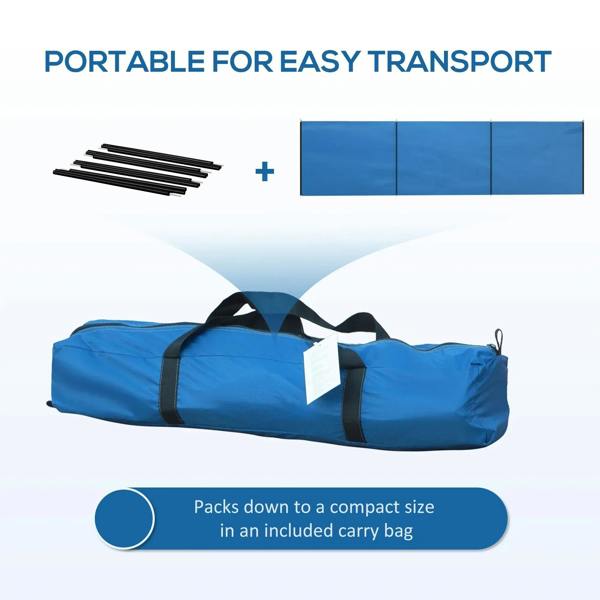 Blue camping windbreak set with carry bag and stacked steel poles, compact for transport