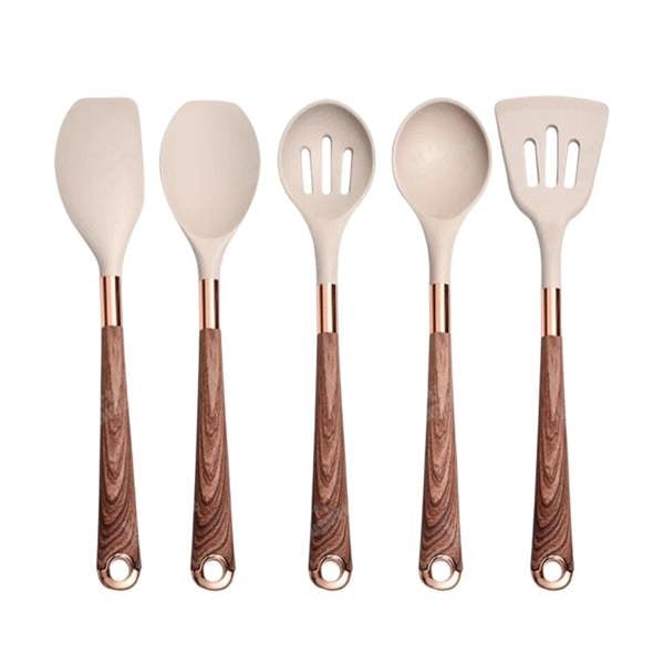 Anygleam Kitchen Utensils Non-stick Brown 5 Set Gold Plated Handle with Support Point Cooking Tool Accessories Heat Resistant Kitchenware