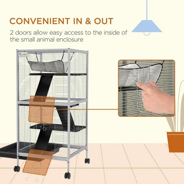 Light grey small animal wire cage with two doors, ramps, platforms, and hammock