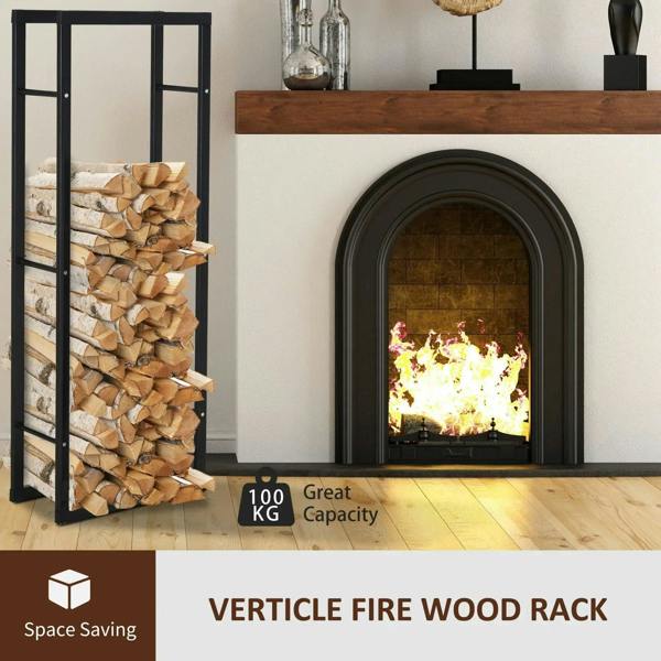 Black vertical firewood log holder rack with stacked logs, open metal frame and rails