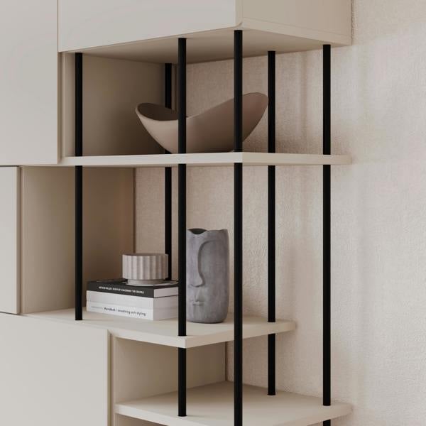 Decortie Modern Key Bookcase 5-Doors Storage Cabinet and Minimal Open Shelves Display Unit Metal Legs 84(W)x175(H)cm