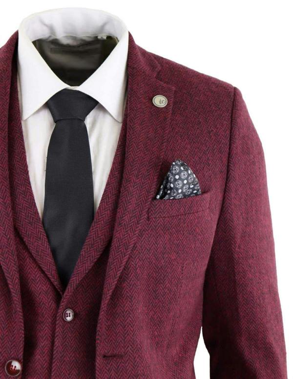 TruClothing Mens 3 Piece Wine Herringbone Wool Tweed Retro Suit