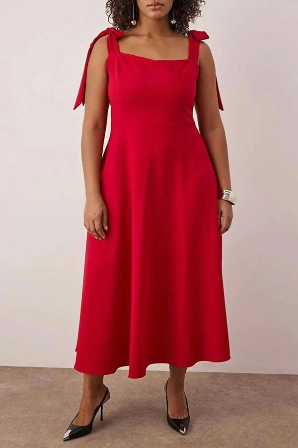 WOVCOR A-Line Midi Woven Evening Dresses with Strap Tie Detail