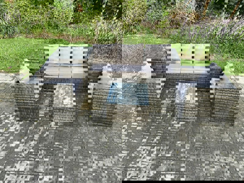 Fimous Outdoor Lounge Sofa Set Wicker PE Rattan Garden Furniture Set with 2 Armchairs Side Table Square Coffee Table Dark Grey Mixed