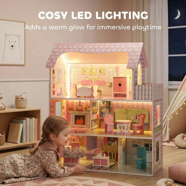 Dolls House, 6 Rooms Modern Dollhouse with LED Lights, 8 Furniture Pieces, 3-Level Playhouse Gift for Kids 3-6 Years