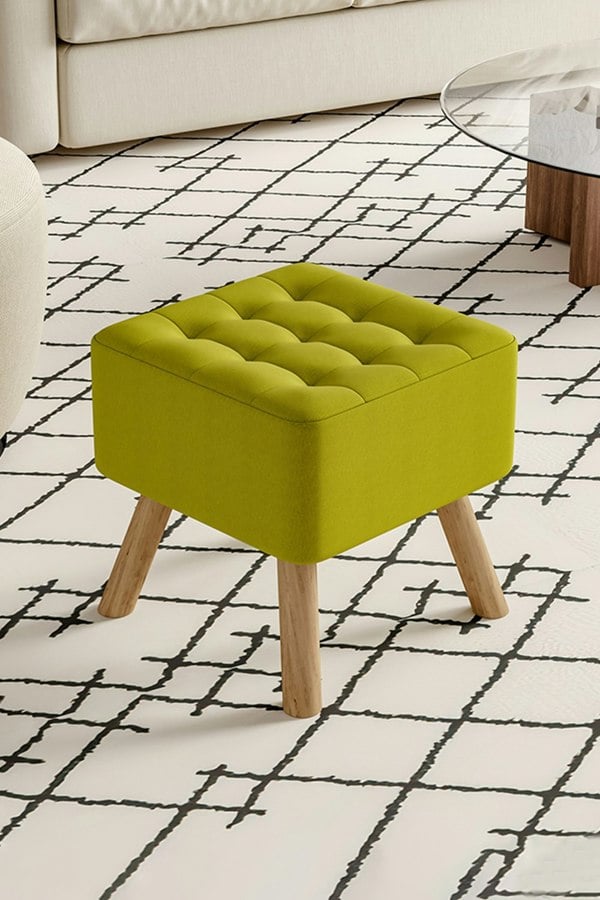 Living and Home Green Linen Padded Wooden Leg Square Footstool