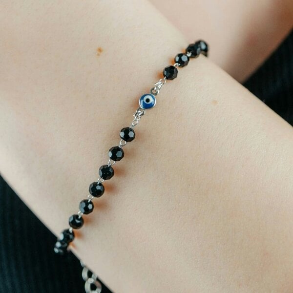 The Colourful Aura Gold Plated Evil Eye Charm Mangalsutra Black Beaded Indian Nazar Bracelet - Dark Blue