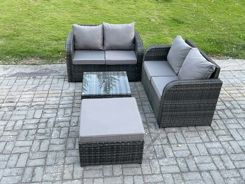 Fimous Rattan Sofa Set Outdoor Garden Furniture Set with Square Coffee Table Loveseat Sofa Big Footstool Dark Grey Mixed