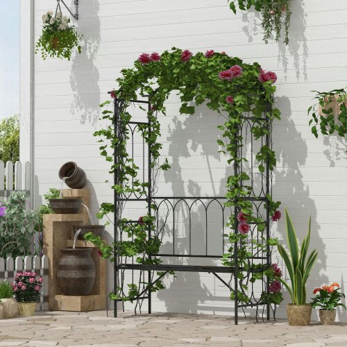 Wyld Haus Moretta Metal Black Garden Bench With Arched Trellis Frame For Climbing Plants 115 x 50 x 203 cm