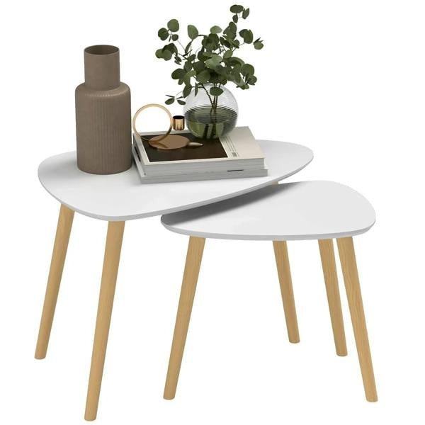 Set of 2 nesting side tables with light grey round tops and solid wood legs