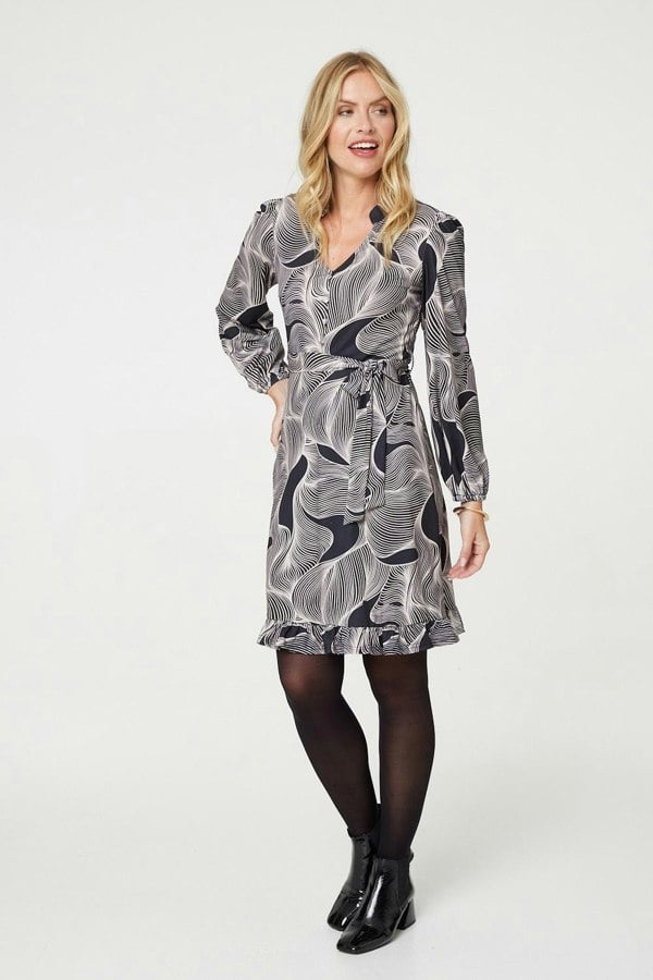 Beige | Abstract Ruffled Tie Waist Knee Length Dress
