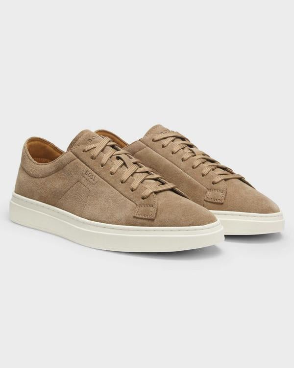 BOSS Orange Kieran Mens Suede Trainers with Embossed Logo  - Medium Beige 260