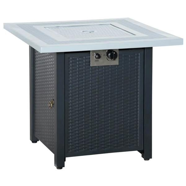 Black and grey gas firepit table with glass top and wicker-style cabinet