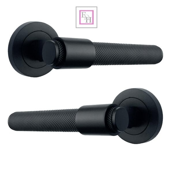 EDH Door Hardware Knurled Door Handles Chrome, Black, Brass – Loop & Neck Lever on Rose Latch