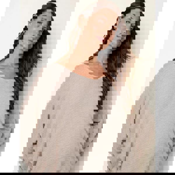 Blue Vanilla Metallic V Neck Knitted Ripple Jumper - Beige