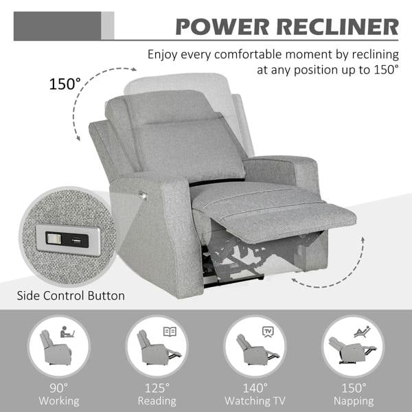 Grey electric power recliner with side control button and extendable footrest