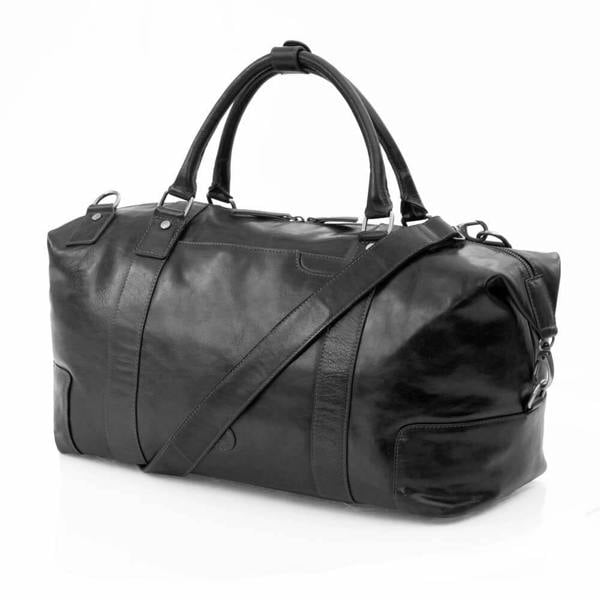 Large full-grain leather holdall travel bag – Orion by Primehide in black, front view showing handles and zip closure.