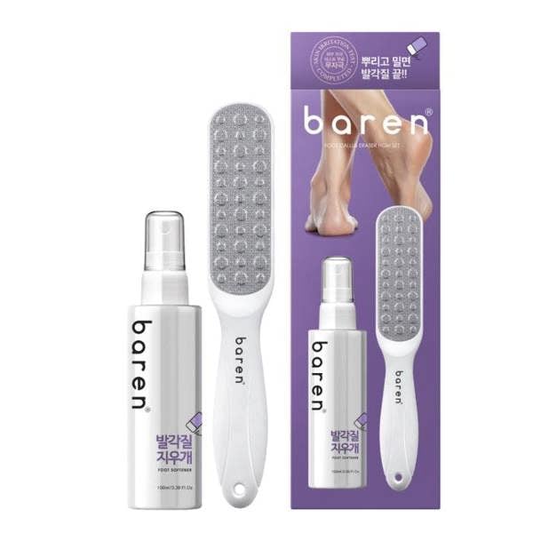 Fast-absorbing liquid spray of Baren Foot Softener misting over rough skin and rolling away dead calluses effortlessly at Atelier De Glow UK.
