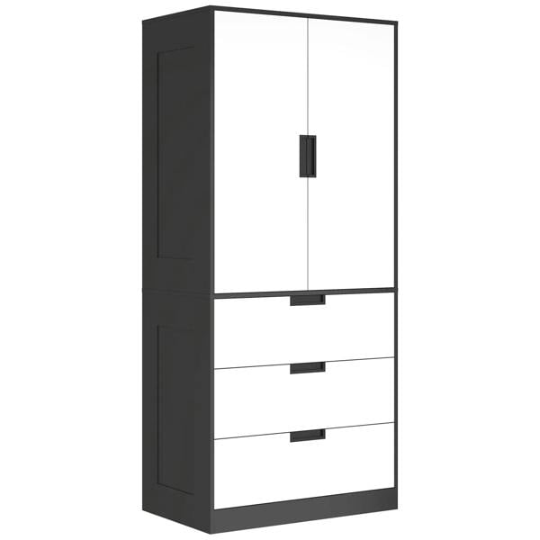 Black and white 2-door wardrobe with top hanging compartment and three drawer fronts