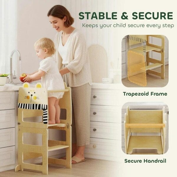 Toddler Step Stool, Standing Tower with Chalkboard, 3-in-1 Cat-Shaped Step Stool for Kitchen Counter, Natural